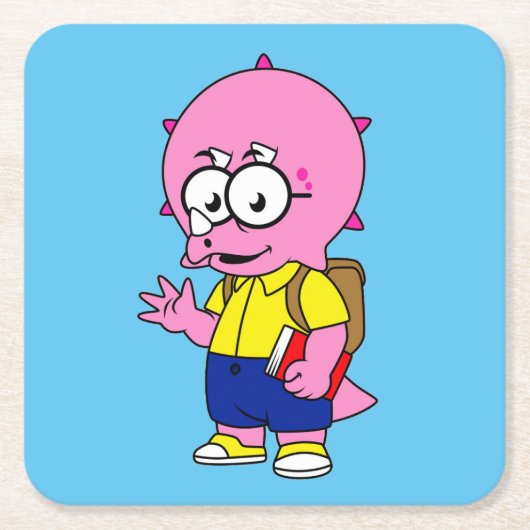 Triceratops Nerd met rugzak en handboek. Kartonnen Onderzetters (Voorkant)