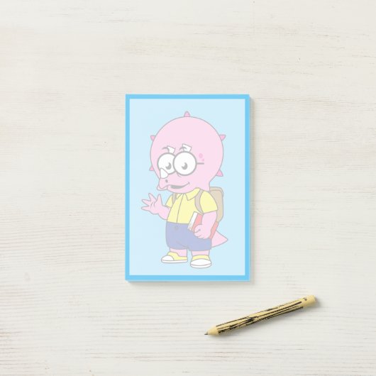 Triceratops Nerd met rugzak en handboek. Post-it® Notes (Op bureau)
