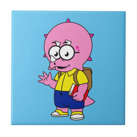Triceratops Nerd met rugzak en handboek. Tegeltje (Voorkant)