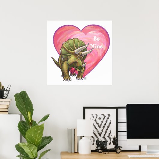 Triceratops Red Rose Heart Poster (Thuiskantoor)