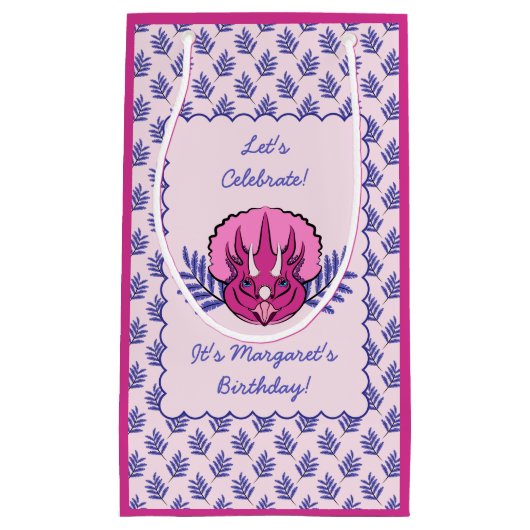 Triceratops Roze Dinosaur en Leaf Pattern Klein Cadeauzakje (Voorkant)