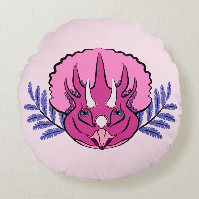 Triceratops  Roze Dinosaur Rond Kussen (Voorkant)