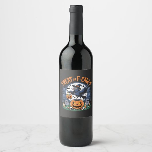 Trick for F-Caw-f Funny Crow Halloween Spooky Wijn Etiket (Voorkant)