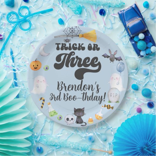 Trick of drie Halloween jongen verjaardagspapier b Papieren Bordje (Feest)