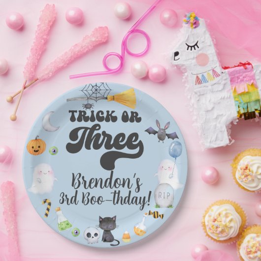 Trick of drie Halloween jongen verjaardagspapier b Papieren Bordje (Feest)