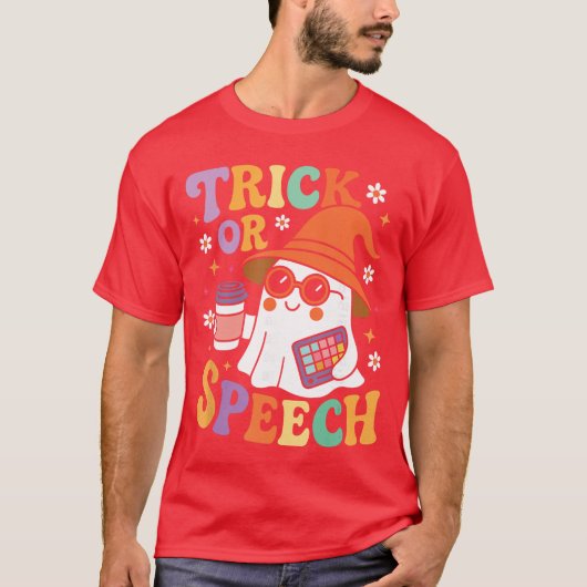 Trick of Spraak Halloween SLP Retro Spraaktherapie T-shirt (Voorkant)