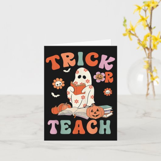 Trick of Teach Retro Groovy Floral Ghost Teacher H Kaart (Gele Bloem)