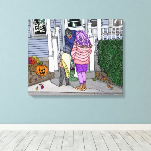 Trick of Trein in de voorsteden op Halloween Canvas Afdruk (Insitu (Houten vloer))