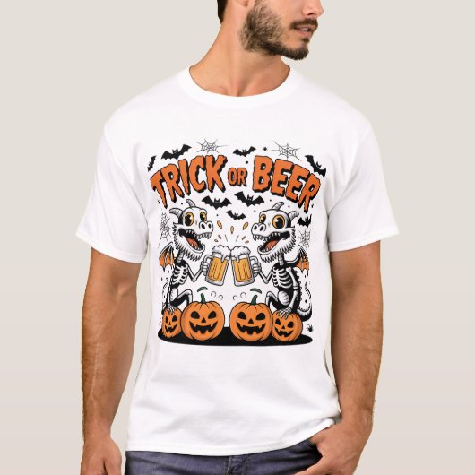 Trick or Beer Skeleton Dragons Halloween Art T-shirt (Voorkant)