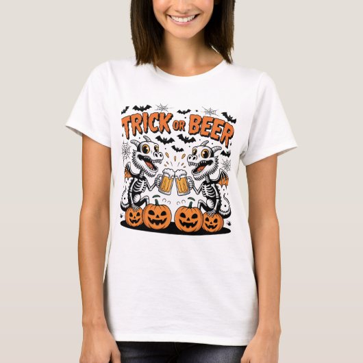 Trick or Beer Skeleton Dragons Halloween Art T-shirt (Voorkant)