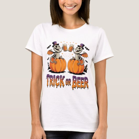 Trick or Beer Skeleton Dragons op pompoenen T-shirt (Voorkant)