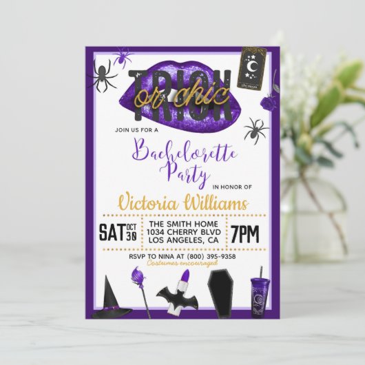 Trick or Chic Halloween Bachelorette Uitnodiging (Staand voorkant)