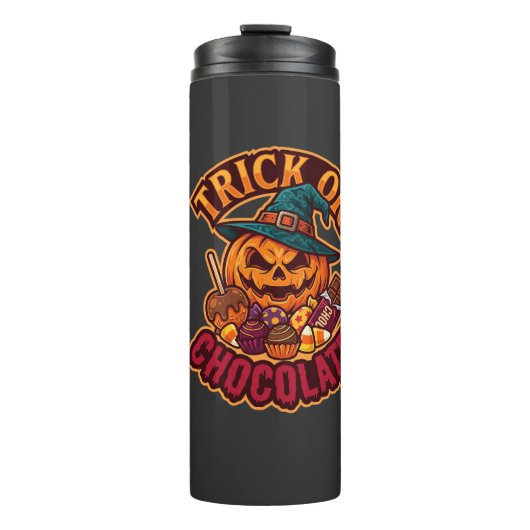 Trick Or Chocolade Halloween Pompoen Heksenhoed Ka Thermosbeker (Voorkant)