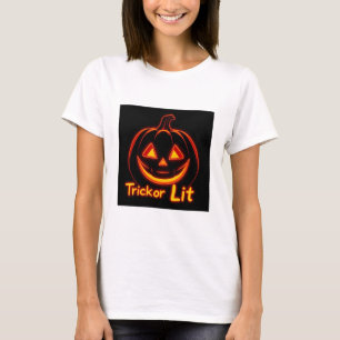 Trick or Lit - Neon Pumpkin Face Halloween T-shirt