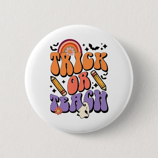 Trick or Teach Groovy Teacher Ghost Funny Hallowee Ronde Button 5,7 Cm (Voorkant)