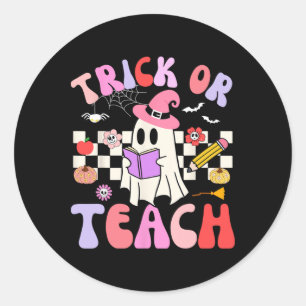Trick or Teach Groovy Teacher Halloween Retro Floo Ronde Sticker