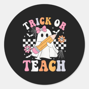 Trick or Teach Groovy Teacher Halloween Retro Floo Ronde Sticker