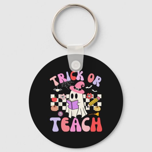 Trick or Teach Groovy Teacher Halloween Retro Floo Sleutelhanger (Voorkant)