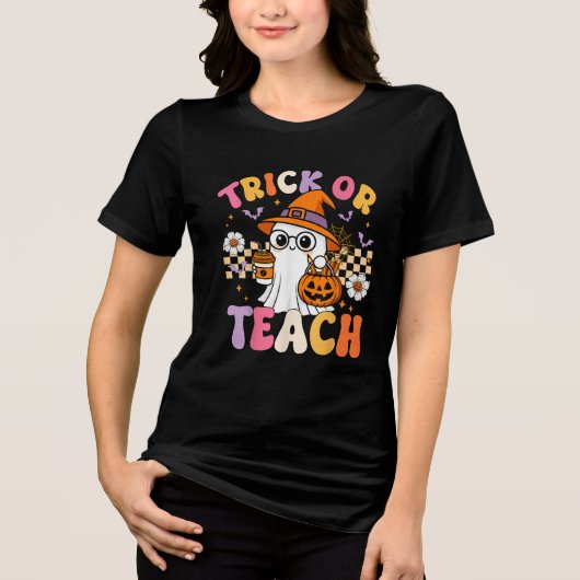 Trick or Teach Schattigee Ghost Coffee Pumpkins Tri-Blend Shirt (Voorkant)