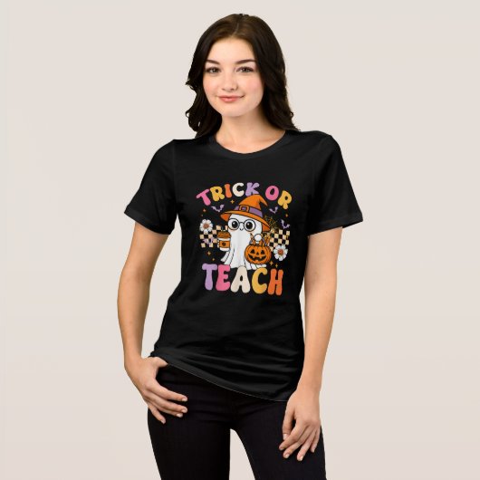 Trick or Teach Schattigee Ghost Coffee Pumpkins Tri-Blend Shirt (Voorkant volledig)