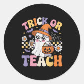 Trick Or Teach Teacher Groovy Ghost Funny Hallowee Ronde Sticker (Voorkant)