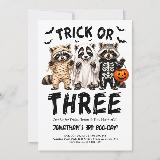 Trick or Three 3de verjaardag Halloween-feestuitno Kaart (Voorkant)
