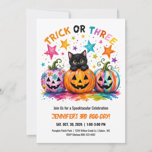 Trick or Three 3e verjaardag Halloween-feestje kat Kaart (Voorkant)
