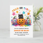 Trick or Three 3e verjaardag Halloween-feestje kat Kaart (Staand voorkant)
