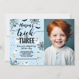 Trick or Three Blue Halloween Cute Ghost Kaart