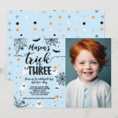 Trick or Three Blue Halloween Cute Ghost Kaart (Voorkant / Achterkant)