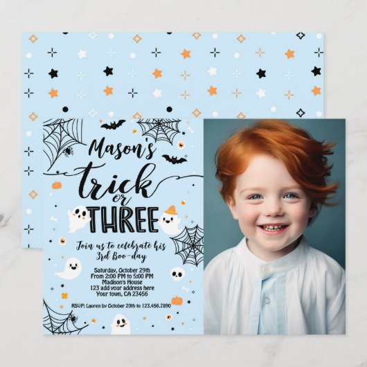 Trick or Three Blue Halloween Cute Ghost Kaart (Voorkant / Achterkant)