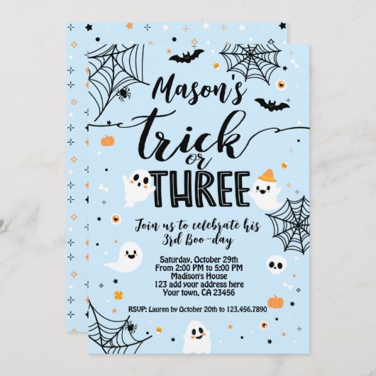 Trick or Three Blue Halloween Cute Ghost Kaart (Voorkant / Achterkant)