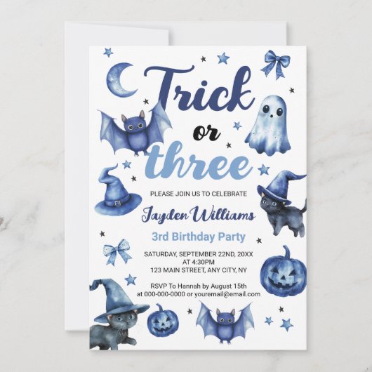 Trick or Three Blue Halloween Kinder 3e verjaardag Kaart (Voorkant)