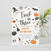 Trick or Three Halloween 3de verjaardagsfeestje Sc Kaart (Staand voorkant)