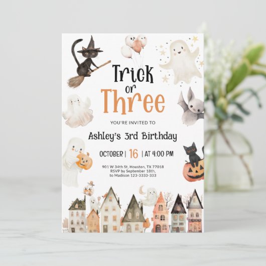 Trick or Three Halloween 3e verjaardag Kaart (Staand voorkant)