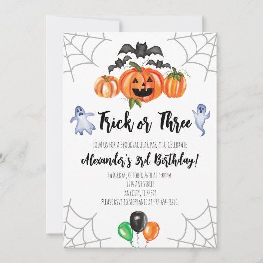 Trick or Three Halloween 3rd Birthday Invitation Kaart (Voorkant)
