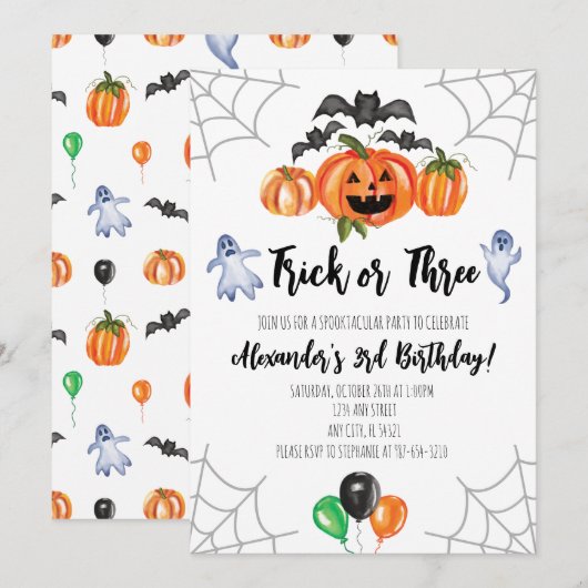 Trick or Three Halloween 3rd Birthday Invitation Kaart (Voorkant / Achterkant)