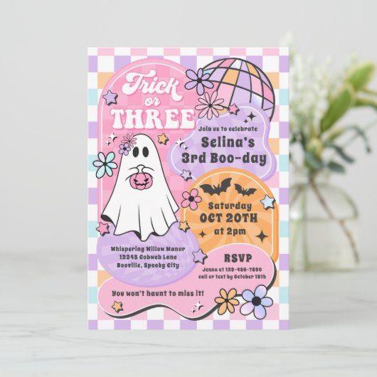 Trick or Three Halloween Groovy Ghost 3e verjaarda Kaart (Staand voorkant)