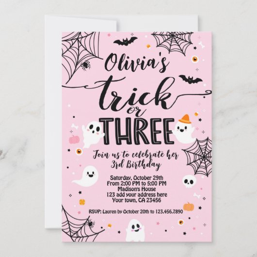 Trick or Three Pink Halloween Cute Ghost Kaart (Voorkant)
