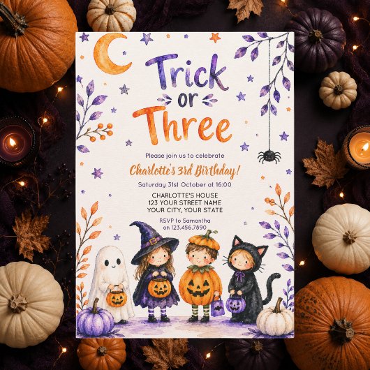 Trick or Three Schattige Halloween 3e Verjaardagsf Kaart