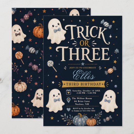 Trick or Three Verjaardagsuitnodiging Kaart (Voorkant / Achterkant)