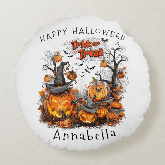Trick or traktaties in Halloween pompoen Rond Kussen (Achterkant)