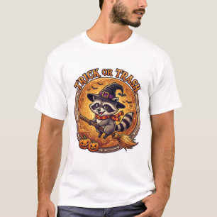 Trick Or Trash Wasbeer Heksenhoed Bezem Pompoenen T-shirt