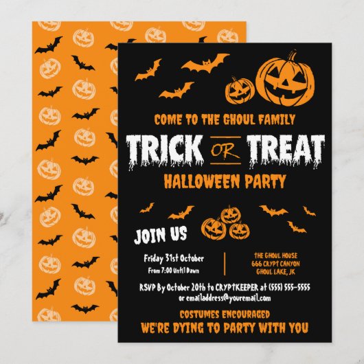 Trick or Treat Aanpasbare Feest Uitnodiging A (Voorkant / Achterkant)