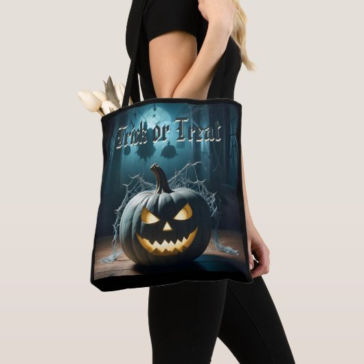 Trick or treat Blauwgroen Pompoen Halloween Bag Tote Bag (Dichtbij)