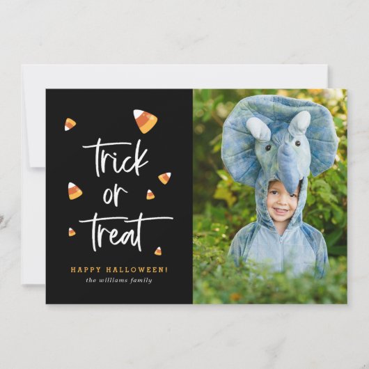 Trick or treat Candy Corn Halloween-fotokaarten Kaart (Voorkant)