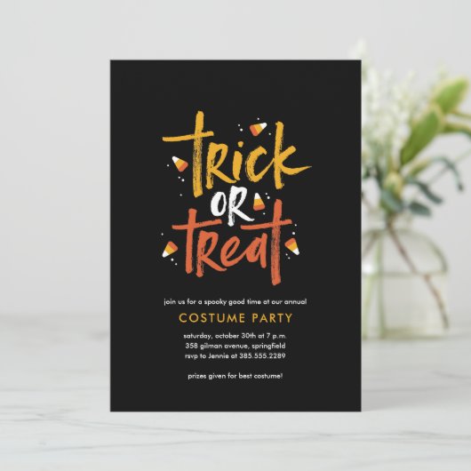 Trick or treat Candy Corn Halloween Party Kaart (Staand voorkant)