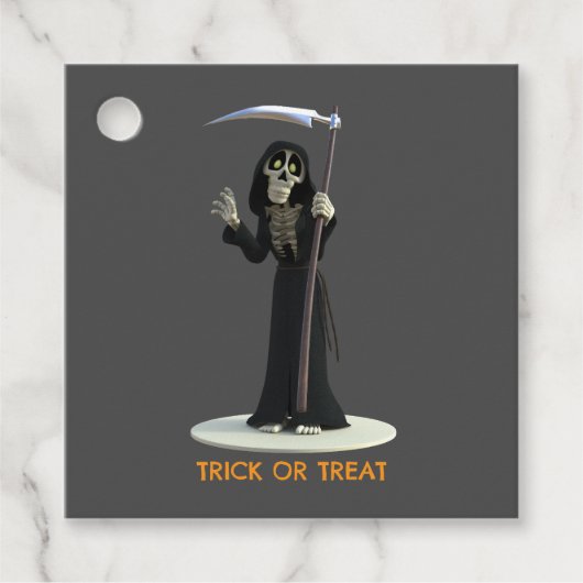 Trick or Treat. Cartoon Grim Reaper Bedankjes Labels (Voorkant)