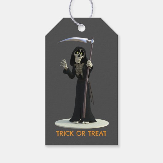 Trick or Treat. Cartoon Grim Reaper Cadeaulabel (Voorkant)
