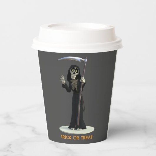 Trick or Treat. Cartoon Grim Reaper Papieren Bekers (Voorkant)
